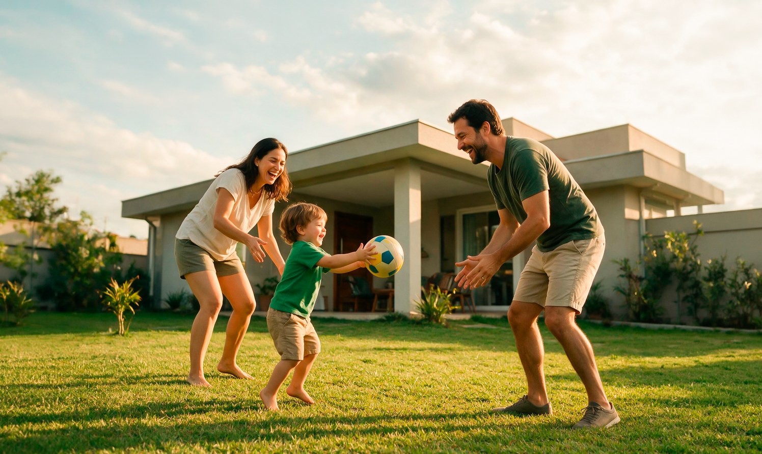 Família brincando com uma bola no jardim de casa.