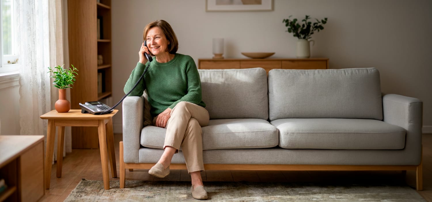 Mulher sentada no sofá de casa, falando ao telefone fixo.