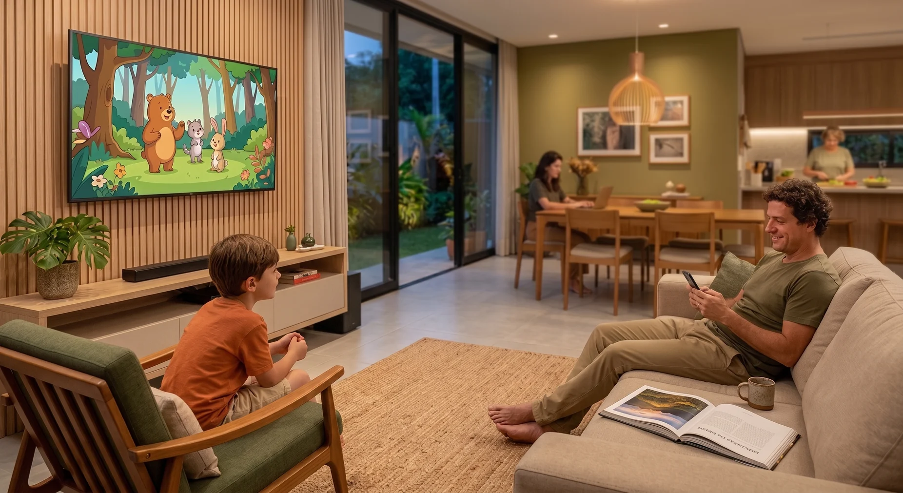 Família conectada em casa usando internet e entretenimento