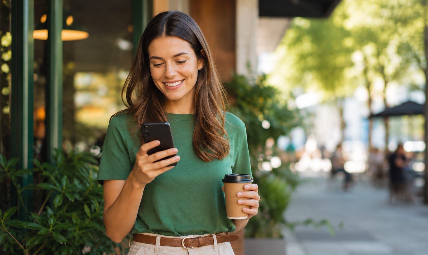 Mulher caminhando pela calçada, sorrindo enquanto olha o celular com um copo de café na outra mão.