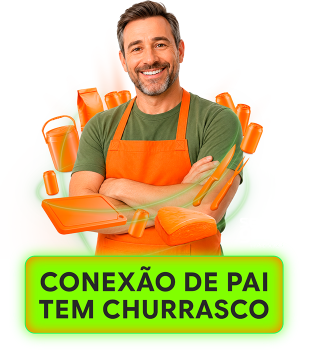 Pai de avental sorrindo, cercado de itens de churrasco, com o selo Conexão de pai tem churrasco